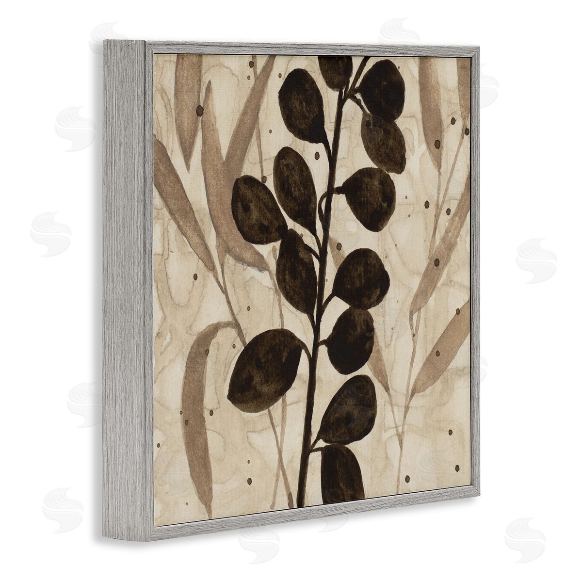 Beige & Brown Natural Leaves Grey Frame Print Wall Art, Home Decor by Krinlox