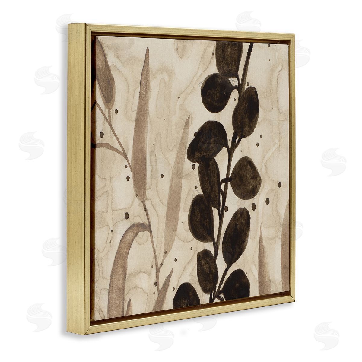 Asymmetrical Natural Leaves Gold Floating Frame Canvas Wall Art, Home Decor by Krinlox