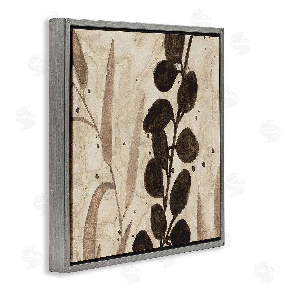 Asymmetrical Natural Leaves Grey Floating Frame Canvas Wall Art, Home Decor by Krinlox