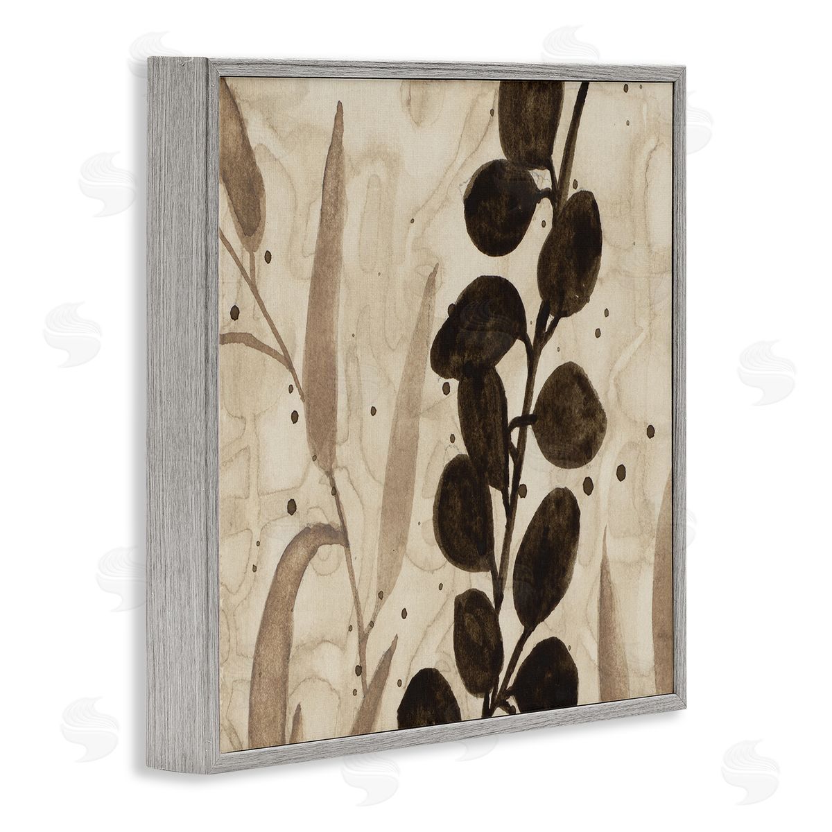 Asymmetrical Natural Leaves Grey Frame Print Wall Art, Home Decor by Krinlox