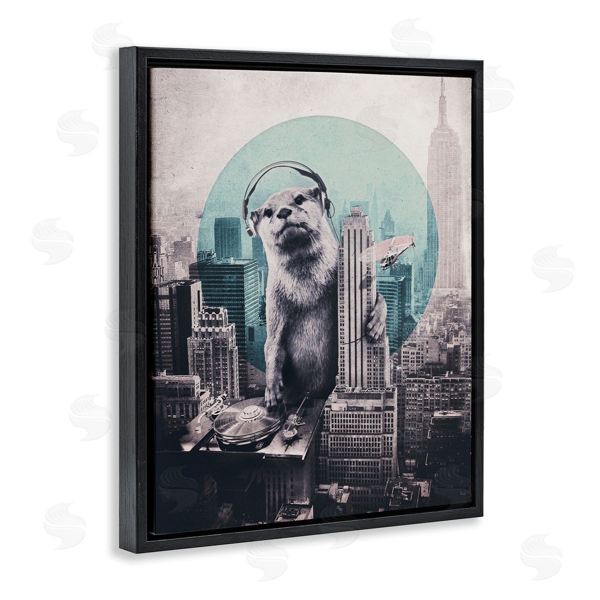 DJ Otter over Cityscape Black Floating Frame Canvas Wall Art, Home Decor by Ali Gulec