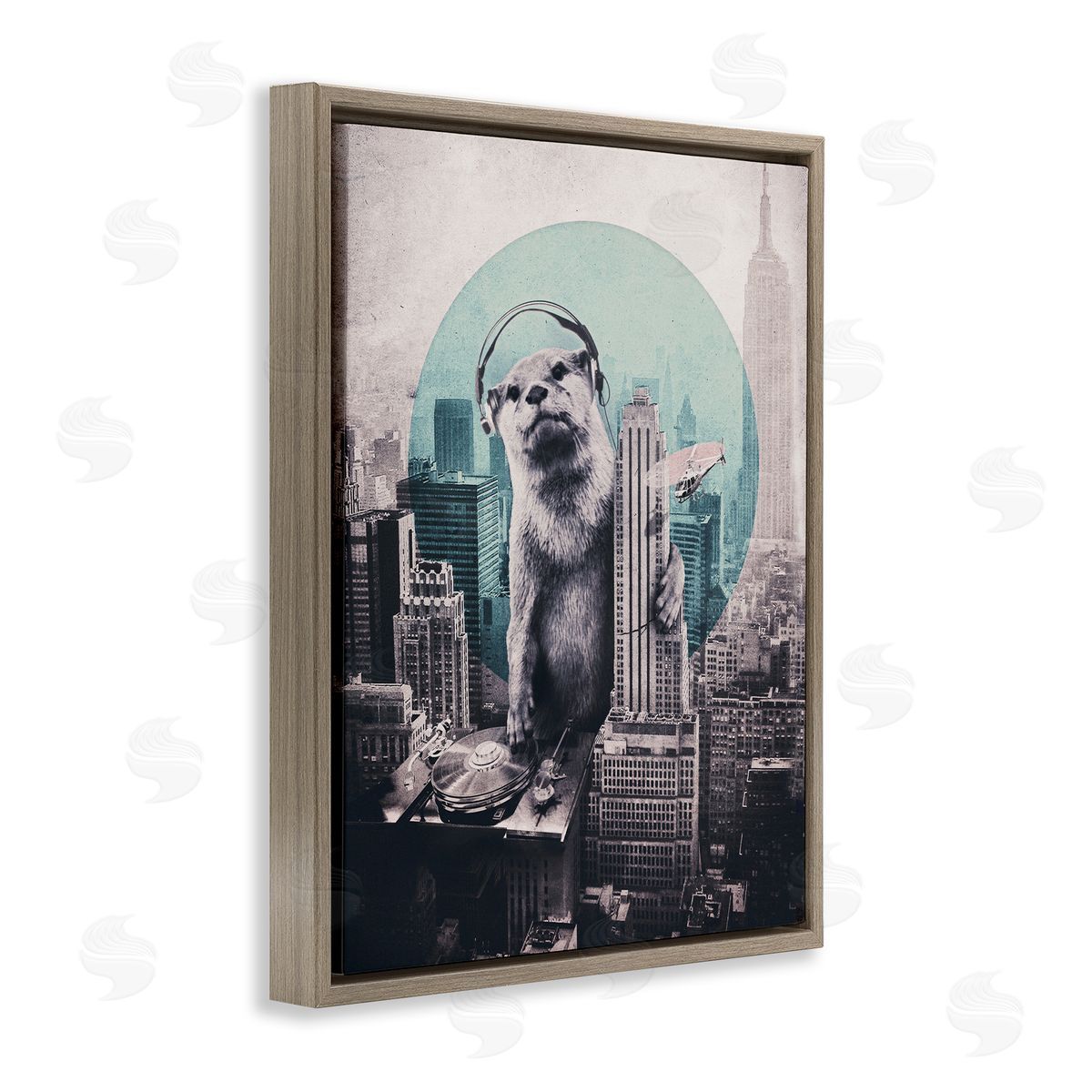 DJ Otter over Cityscape Brown Floating Frame Canvas Wall Art, Home Decor by Ali Gulec