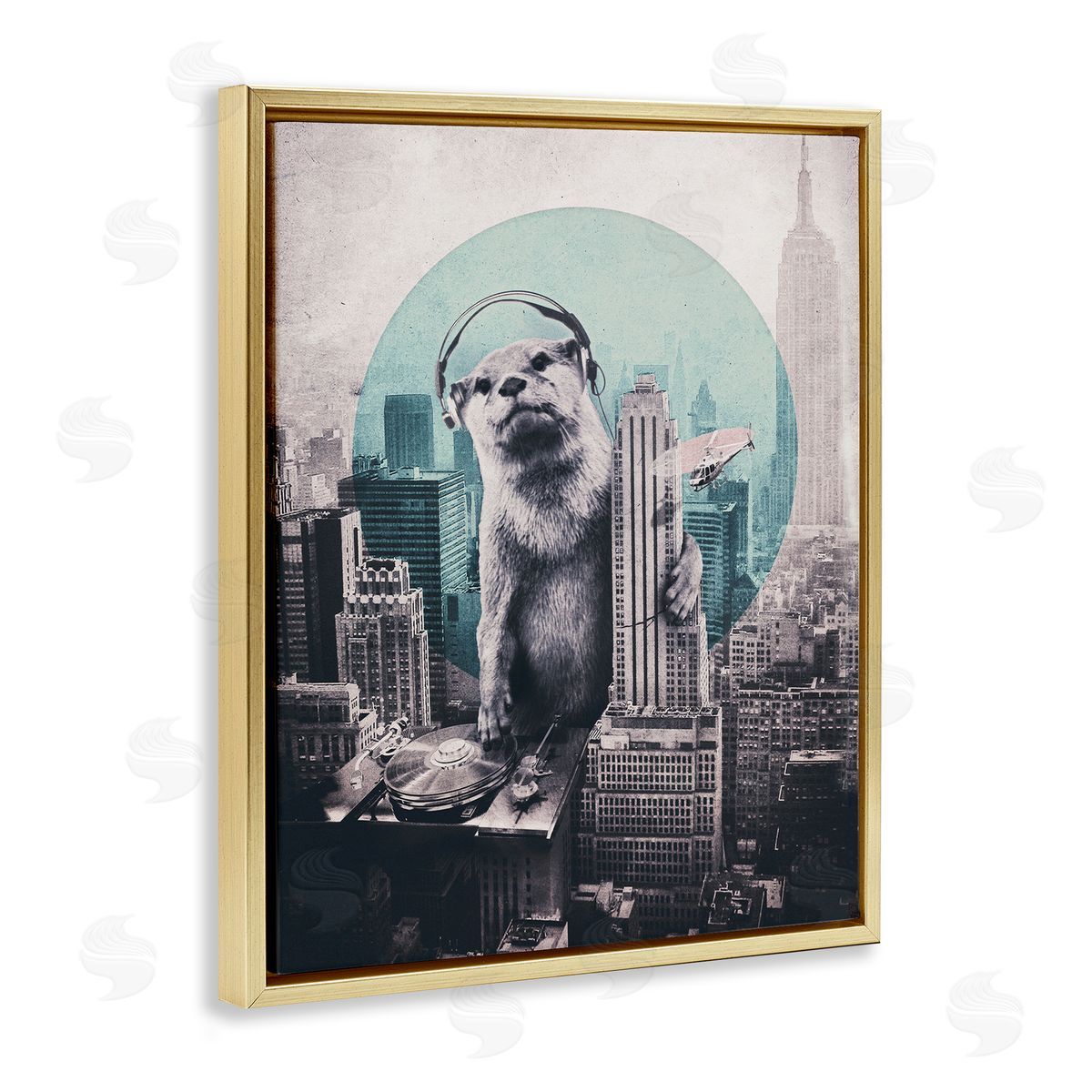 DJ Otter over Cityscape Gold Floating Frame Canvas Wall Art, Home Decor by Ali Gulec