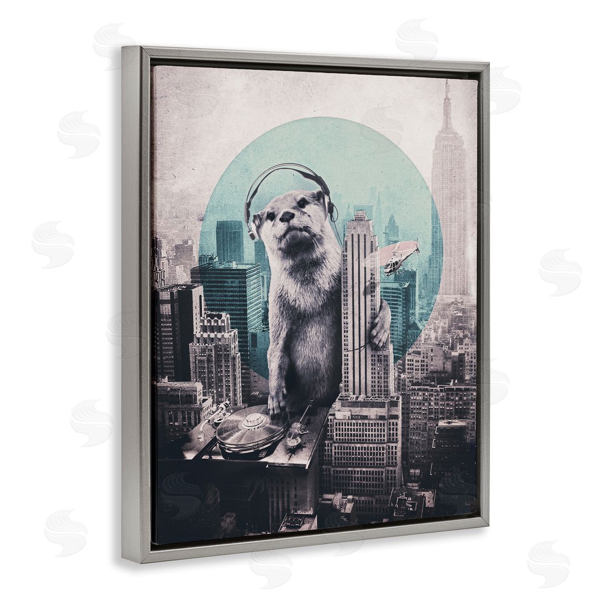 DJ Otter over Cityscape Grey Floating Frame Canvas Wall Art, Home Decor by Ali Gulec