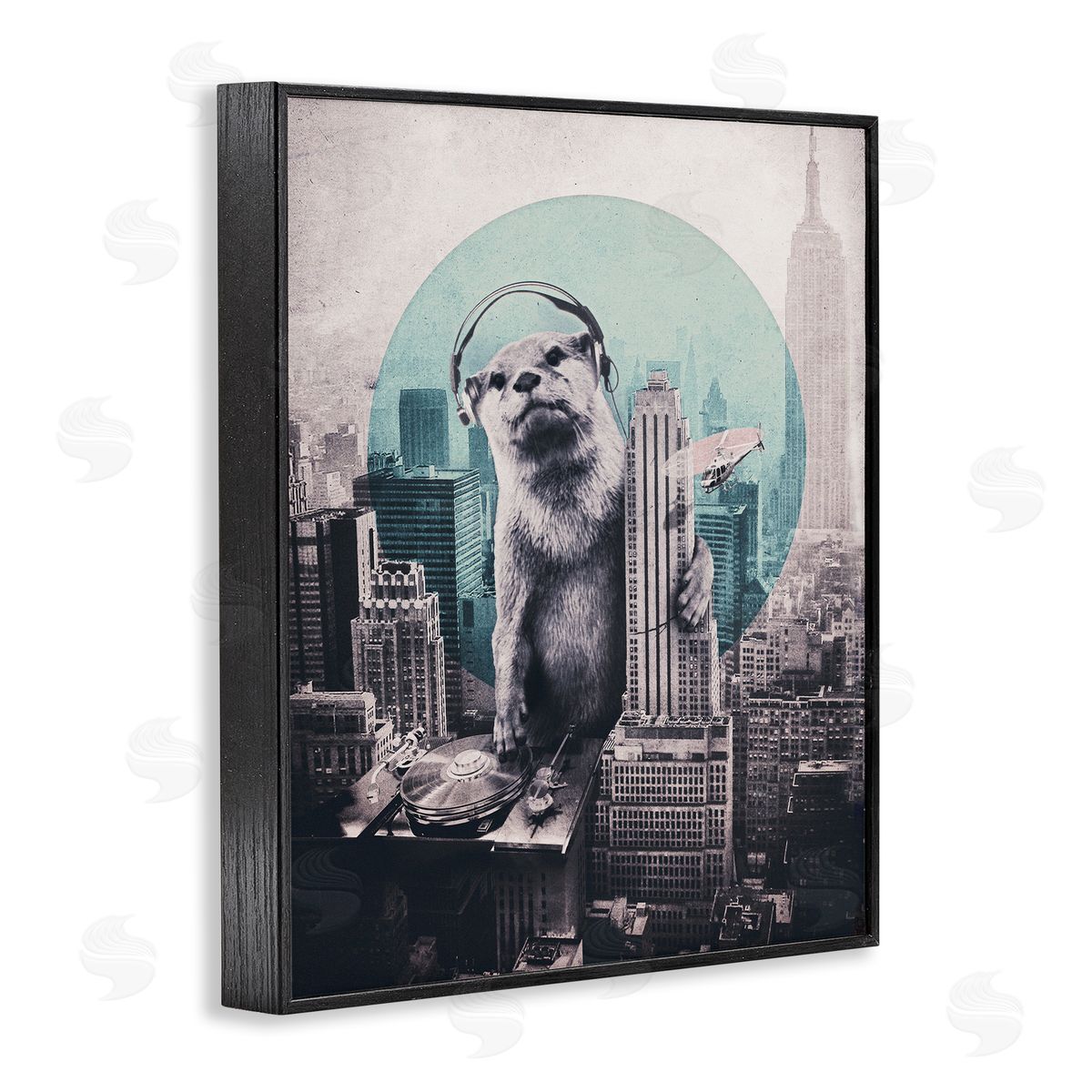 DJ Otter over Cityscape Black Frame Print Wall Art, Home Decor by Ali Gulec