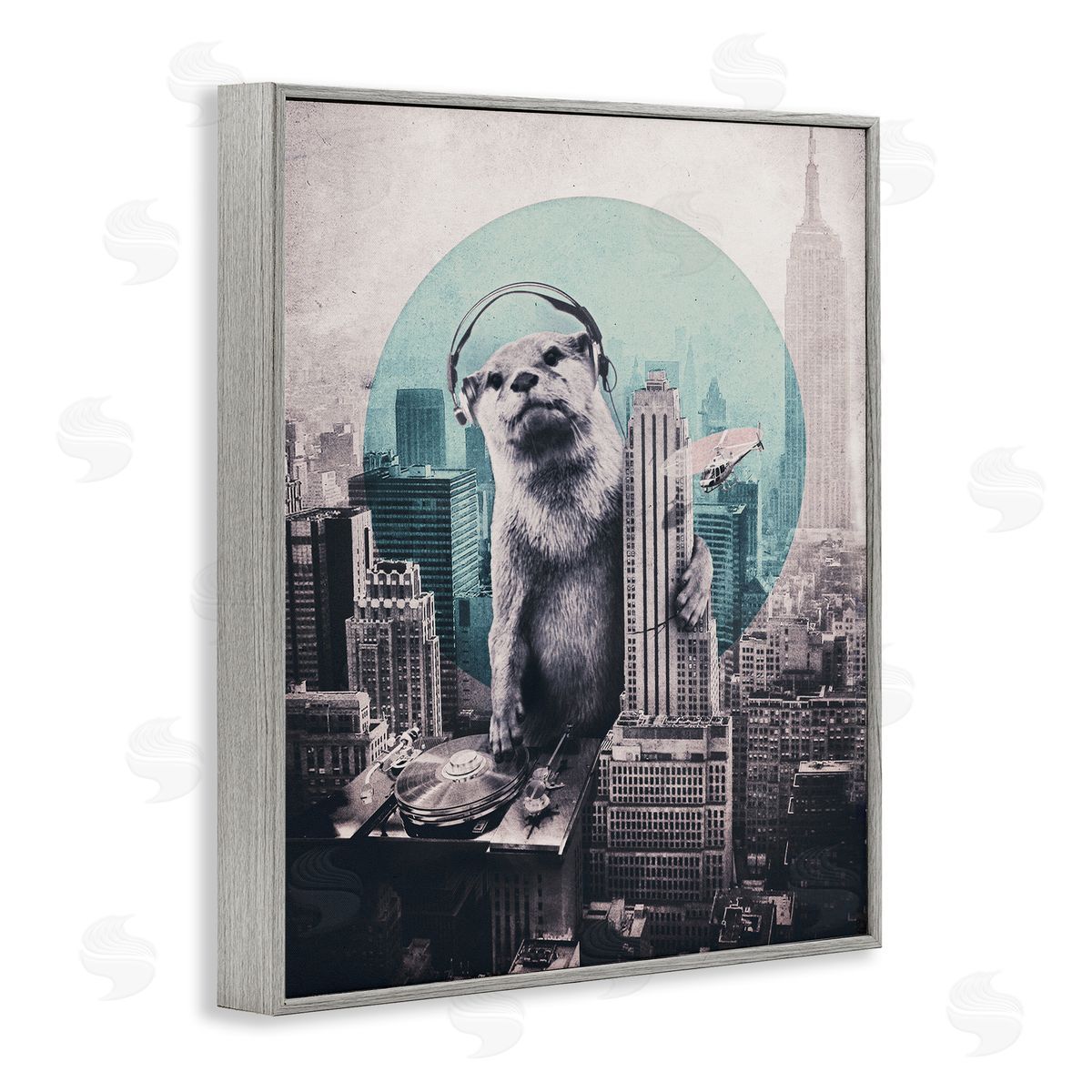 DJ Otter over Cityscape Grey Frame Print Wall Art, Home Decor by Ali Gulec