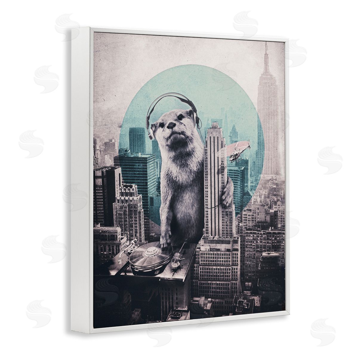 DJ Otter over Cityscape White Frame Print Wall Art, Home Decor by Ali Gulec
