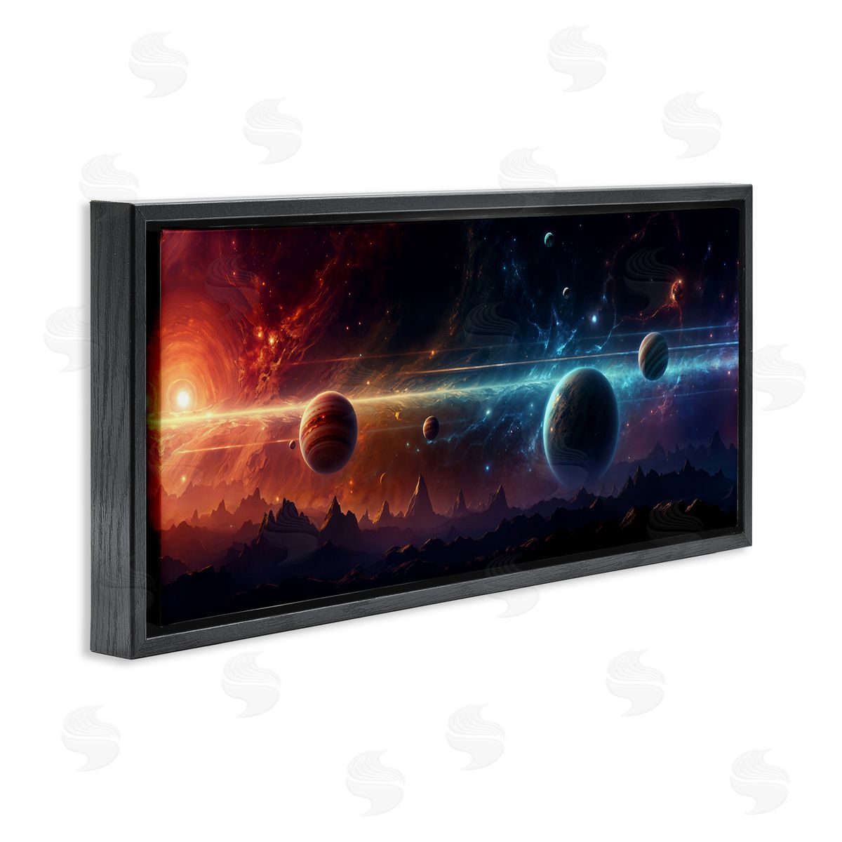 Surreal Planets over Crags Black Floating Frame Canvas Wall Art, Home Decor by Wumples