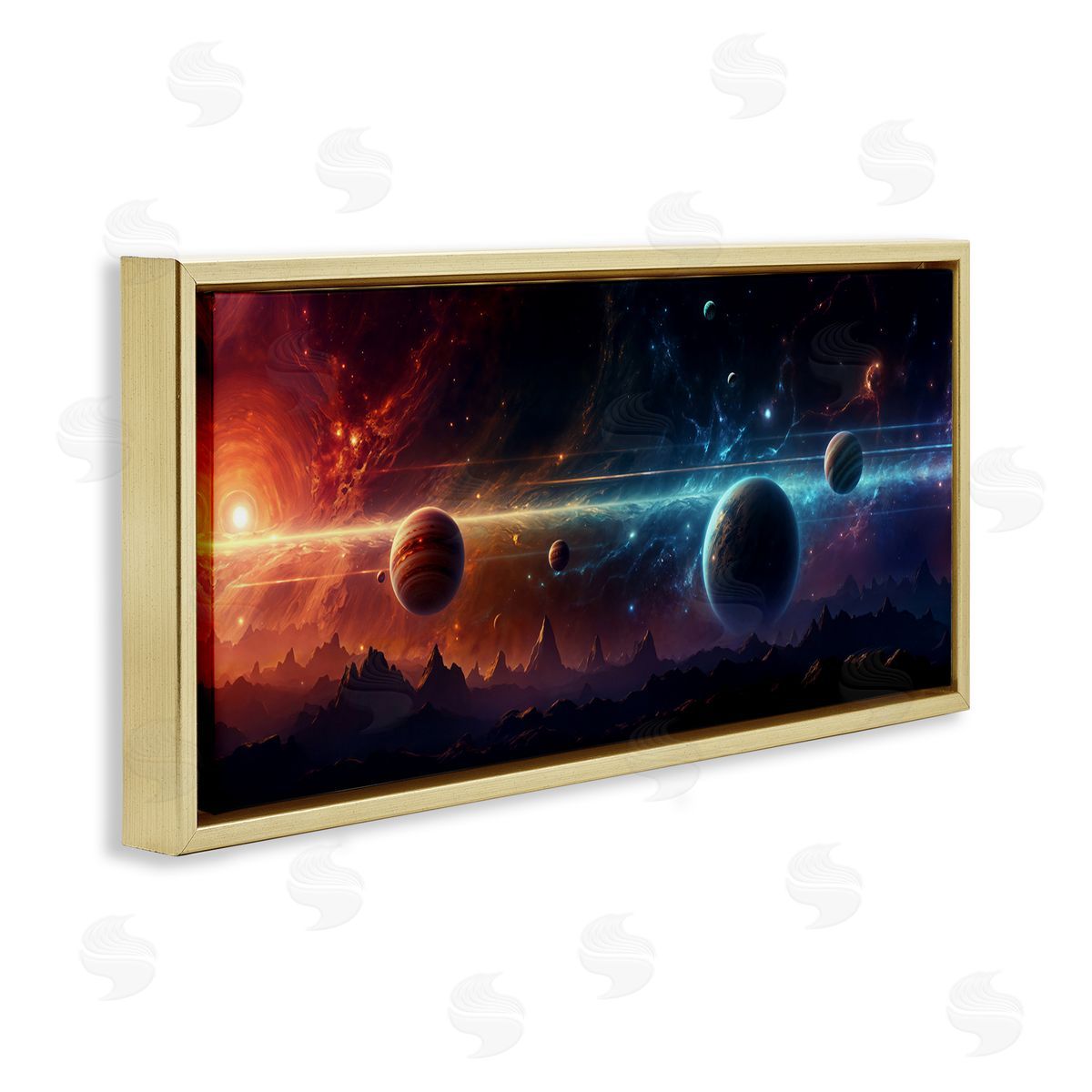 Surreal Planets over Crags Gold Floating Frame Canvas Wall Art, Home Decor by Wumples