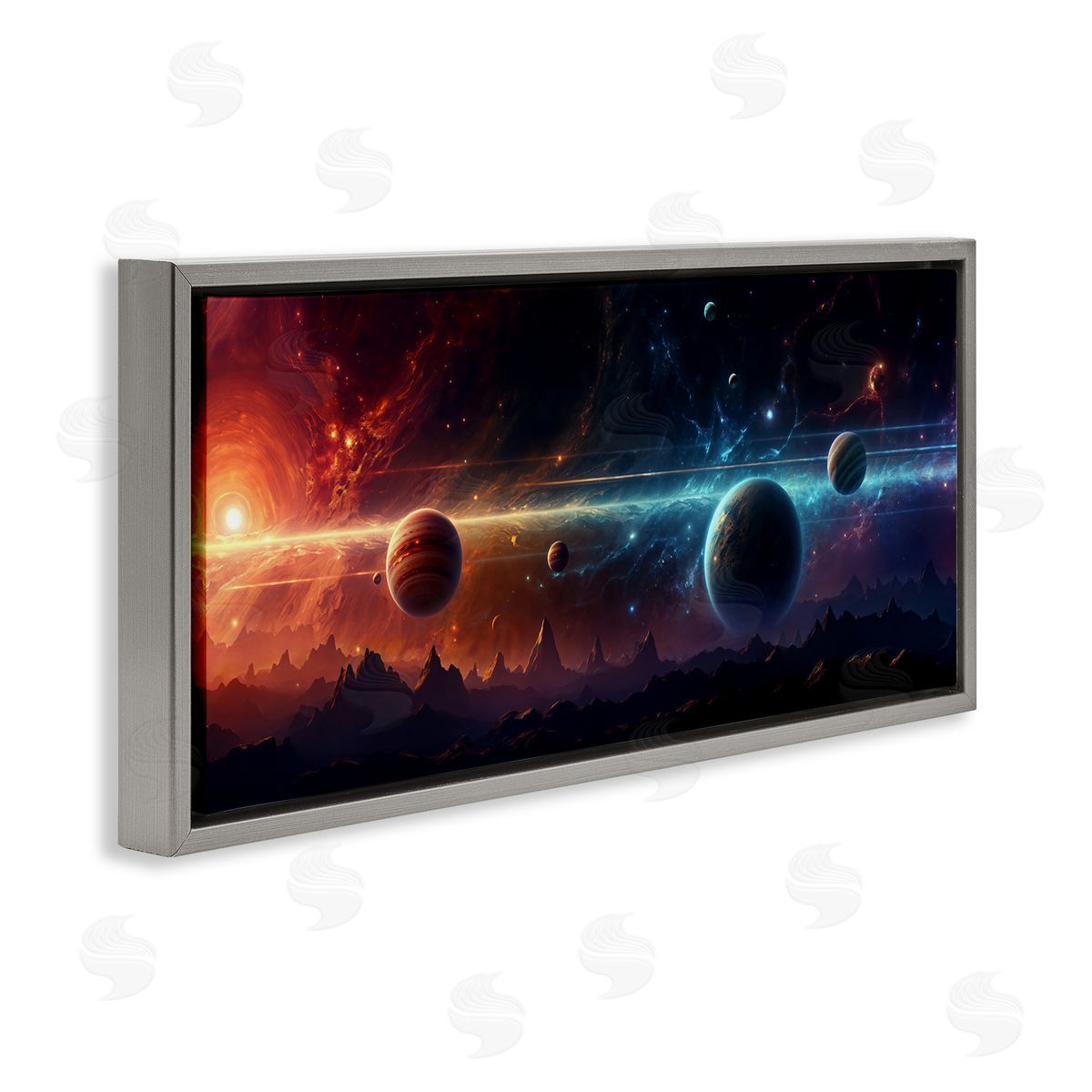 Surreal Planets over Crags Grey Floating Frame Canvas Wall Art, Home Decor by Wumples