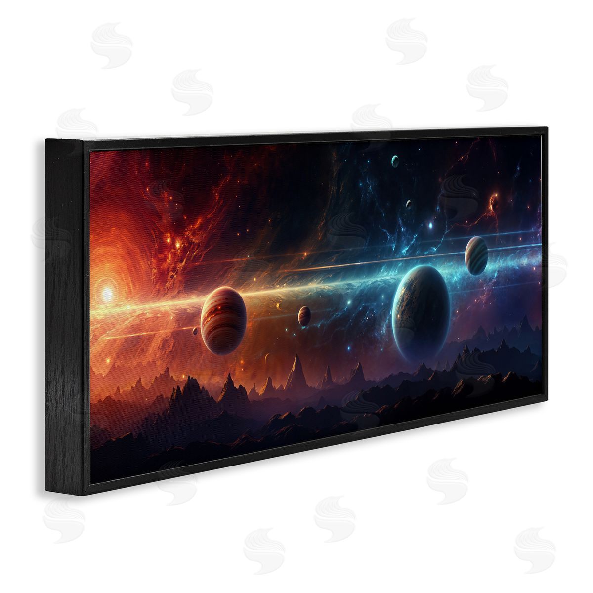 Surreal Planets over Crags Black Frame Print Wall Art, Home Decor by Wumples