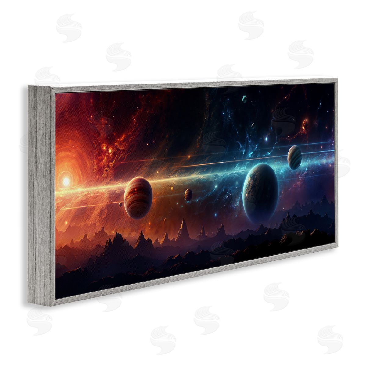 Surreal Planets over Crags Grey Frame Print Wall Art, Home Decor by Wumples