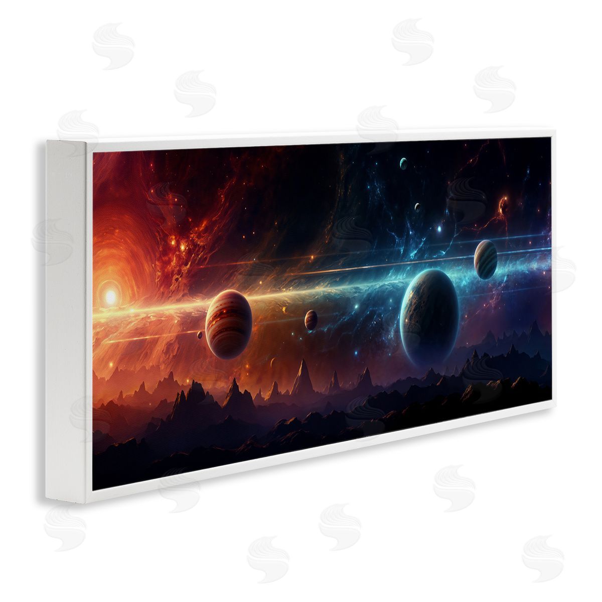 Surreal Planets over Crags White Frame Print Wall Art, Home Decor by Wumples