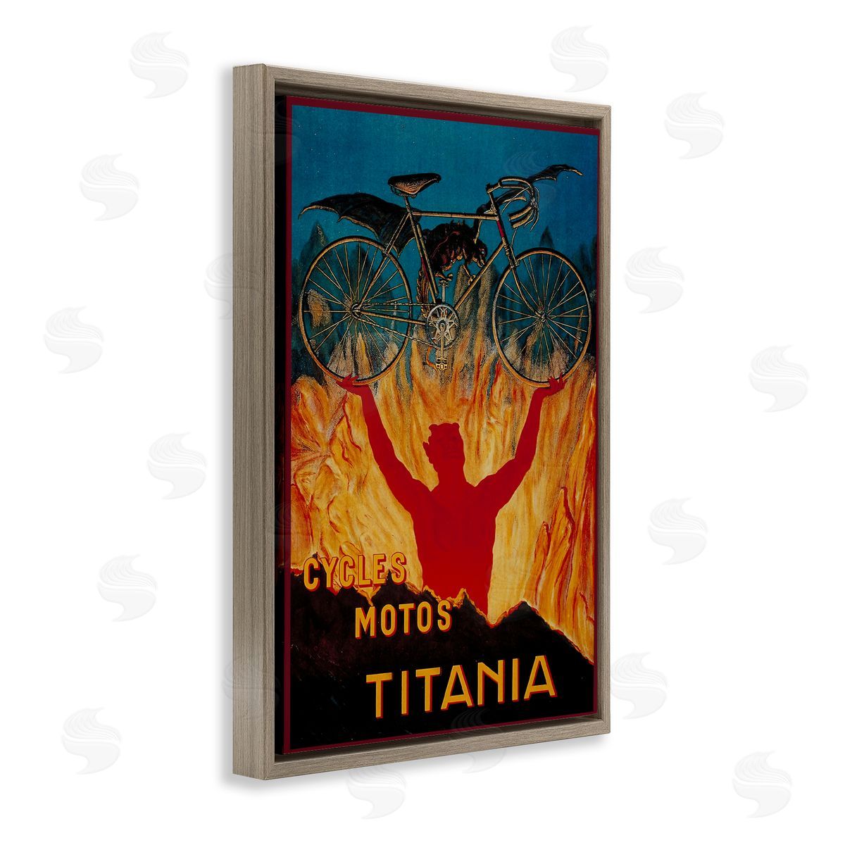 Vintage Dragon & Bicycle Brown Floating Frame Canvas Wall Art, Home Decor by Marcus Jules