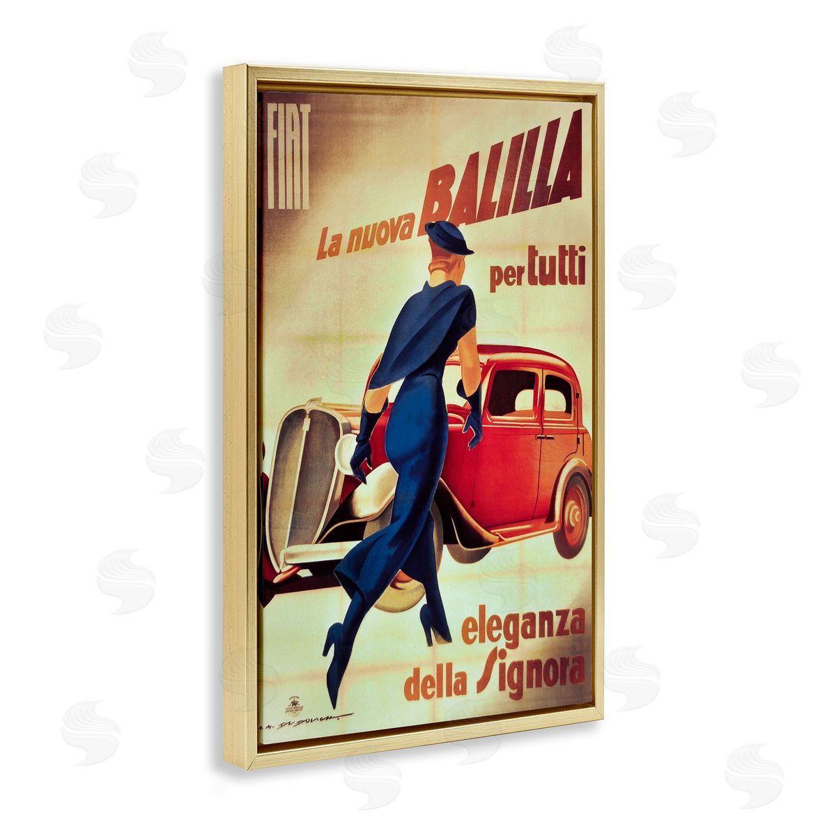 Antique Vehicle & Woman Advertisement Gold Floating Frame Canvas Wall Art, Home Decor by Marcus Jules