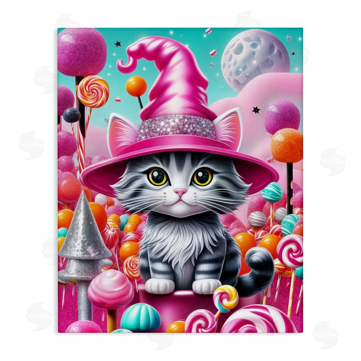 Kitten Among Pink Candies Canvas Wall Art, Home Decor by Tabz Jones