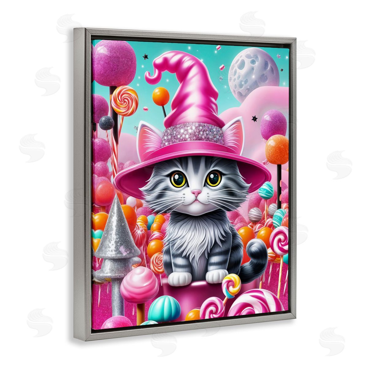 Kitten Among Pink Candies Grey Floating Frame Canvas Wall Art, Home Decor by Tabz Jones