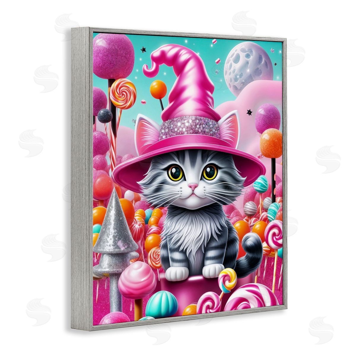 Kitten Among Pink Candies Grey Frame Print Wall Art, Home Decor by Tabz Jones