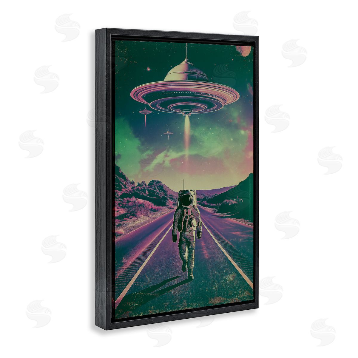 Astronaut with Overhead UFO Black Floating Frame Canvas Wall Art, Home Decor by Wumples