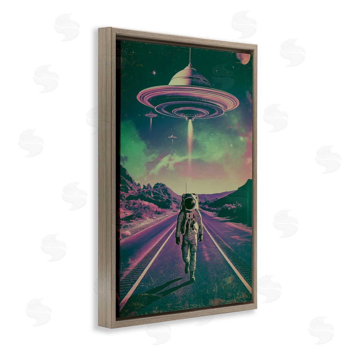 Astronaut with Overhead UFO Brown Floating Frame Canvas Wall Art, Home Decor by Wumples
