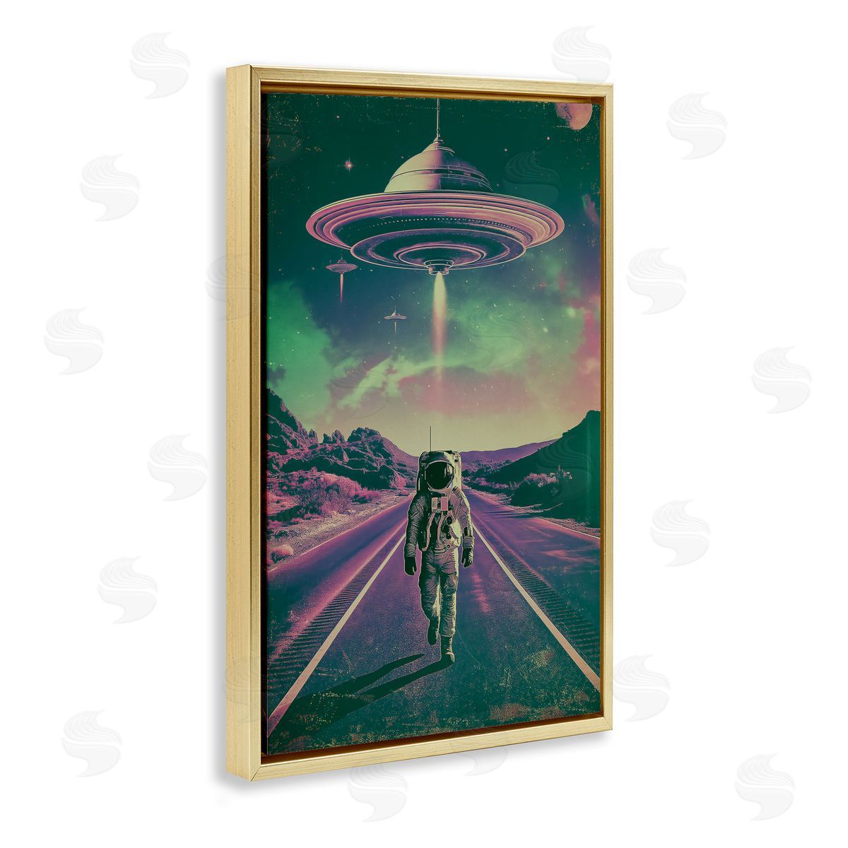 Astronaut with Overhead UFO Gold Floating Frame Canvas Wall Art, Home Decor by Wumples