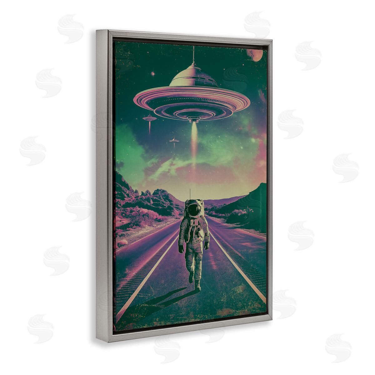 Astronaut with Overhead UFO Grey Floating Frame Canvas Wall Art, Home Decor by Wumples