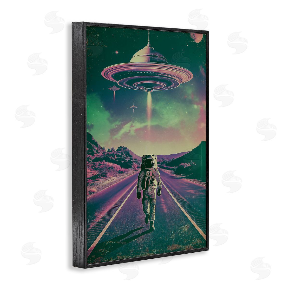 Astronaut with Overhead UFO Black Frame Print Wall Art, Home Decor by Wumples