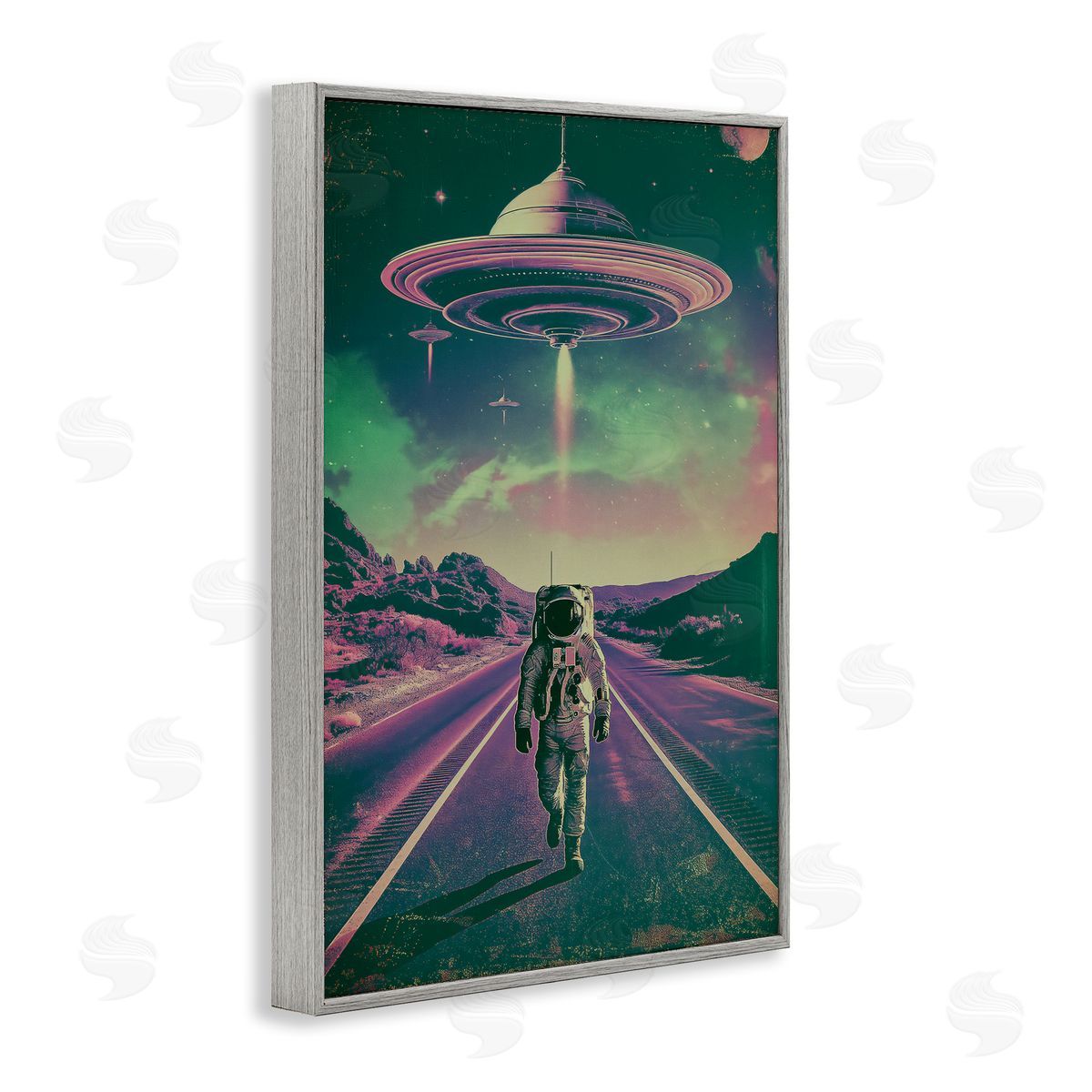 Astronaut with Overhead UFO Grey Frame Print Wall Art, Home Decor by Wumples