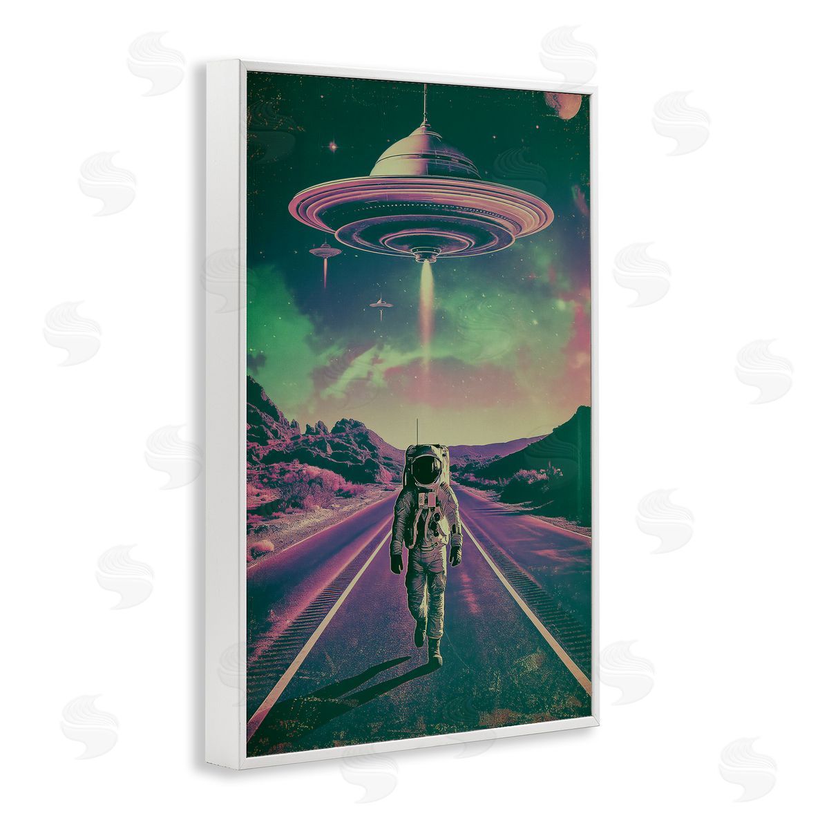 Astronaut with Overhead UFO White Frame Print Wall Art, Home Decor by Wumples