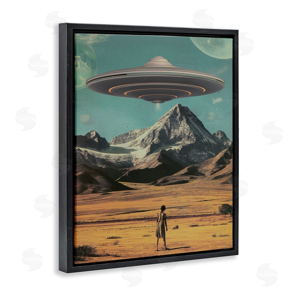 Woman with Overhead UFO Black Floating Frame Canvas Wall Art, Home Decor by Wumples