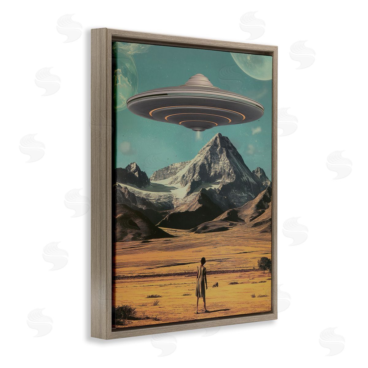 Woman with Overhead UFO Brown Floating Frame Canvas Wall Art, Home Decor by Wumples