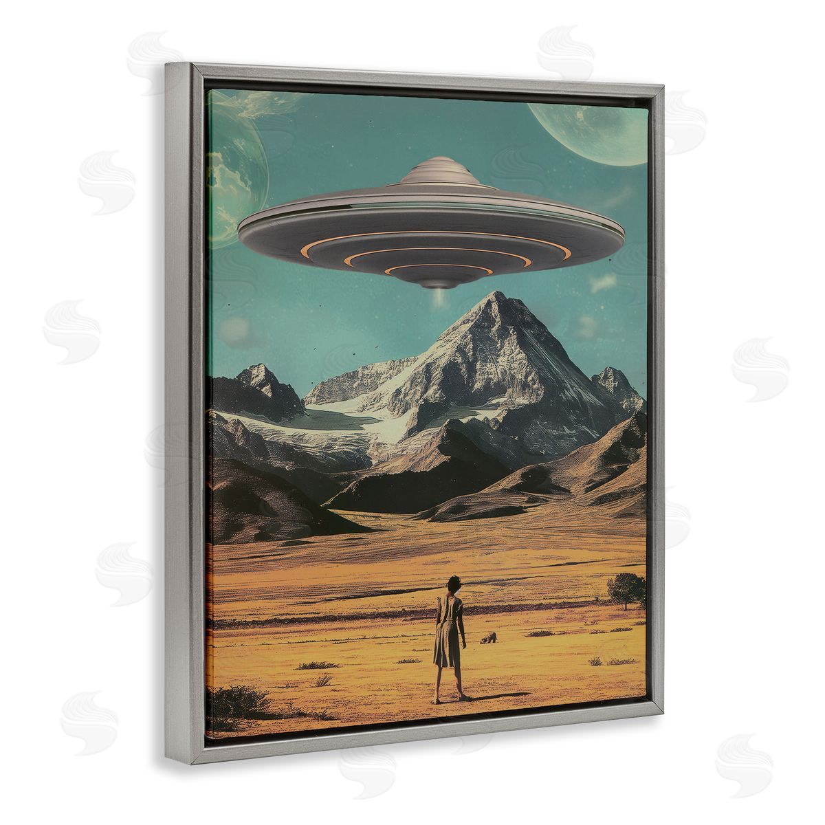 Woman with Overhead UFO Grey Floating Frame Canvas Wall Art, Home Decor by Wumples