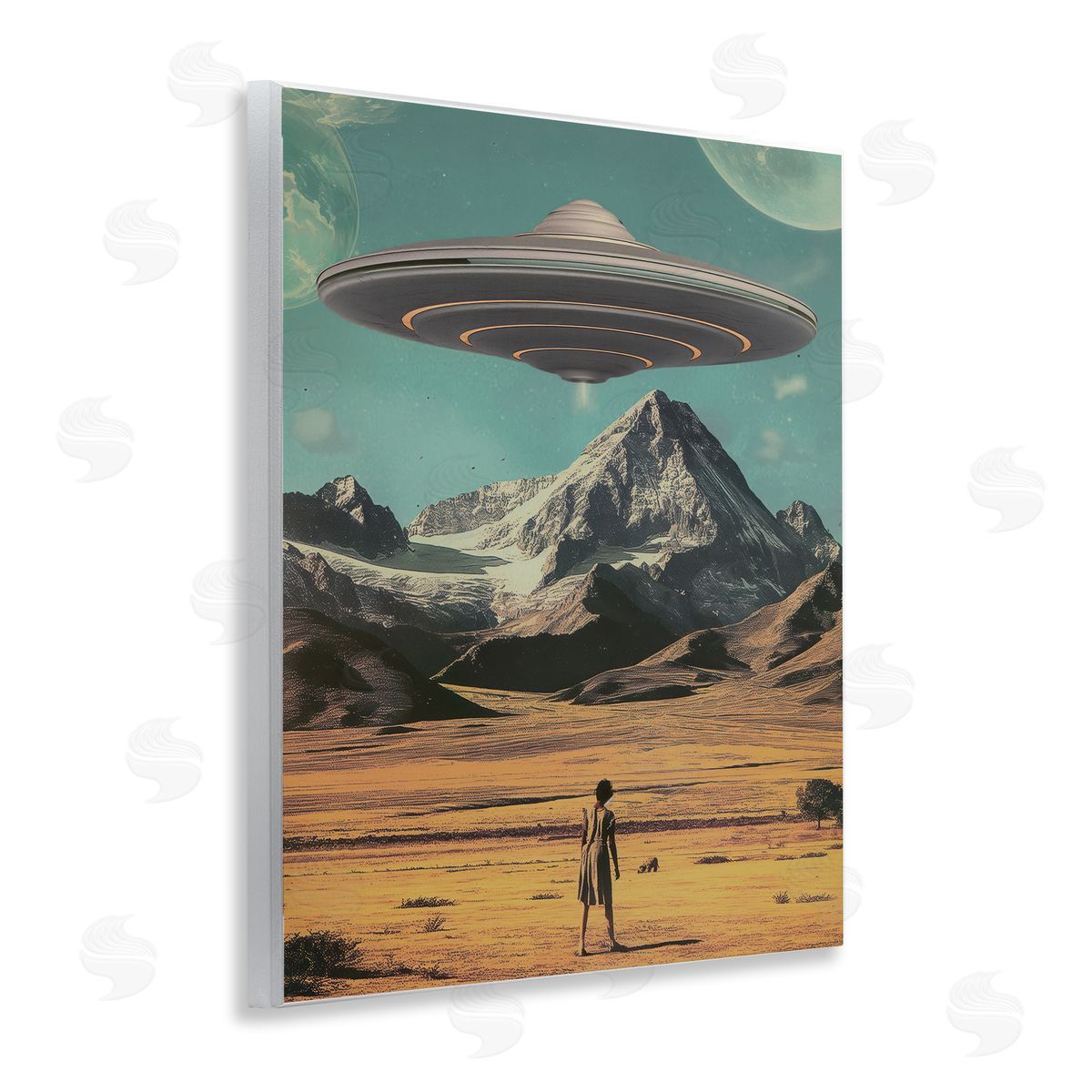 Woman with Overhead UFO Wood Plaque Wall Art, Home Decor by Wumples
