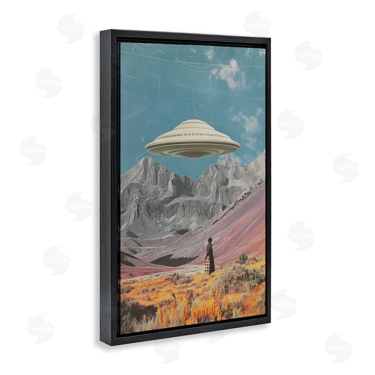 UFO over Mountain Valley Black Floating Frame Canvas Wall Art, Home Decor by Wumples