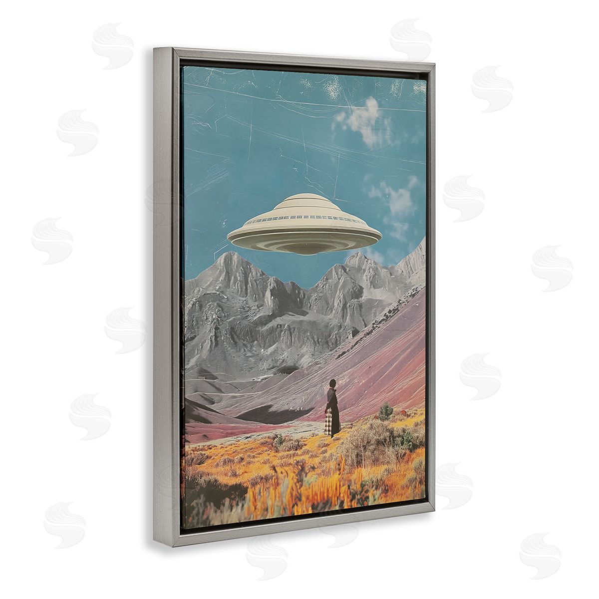UFO over Mountain Valley Grey Floating Frame Canvas Wall Art, Home Decor by Wumples