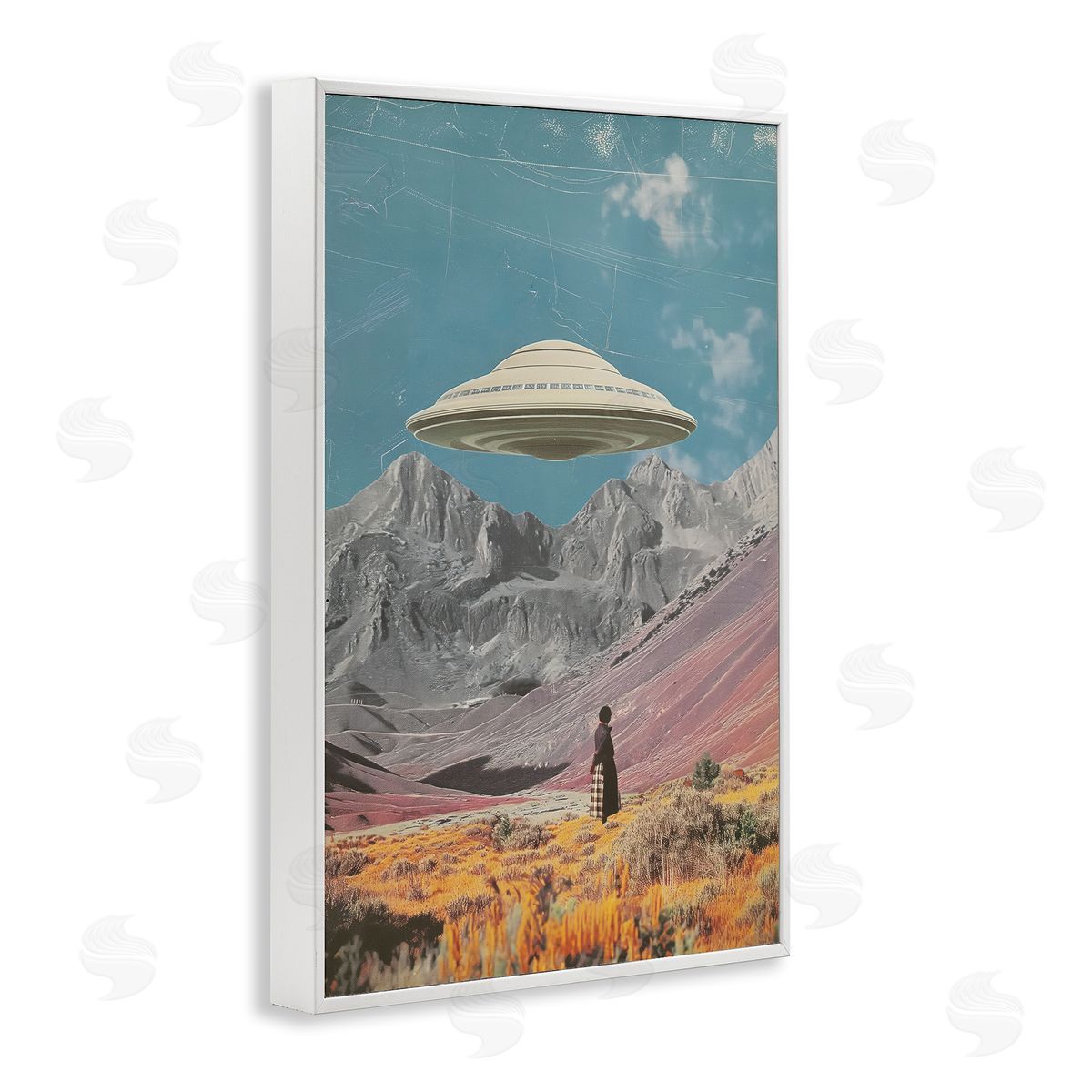 UFO over Mountain Valley White Frame Print Wall Art, Home Decor by Wumples