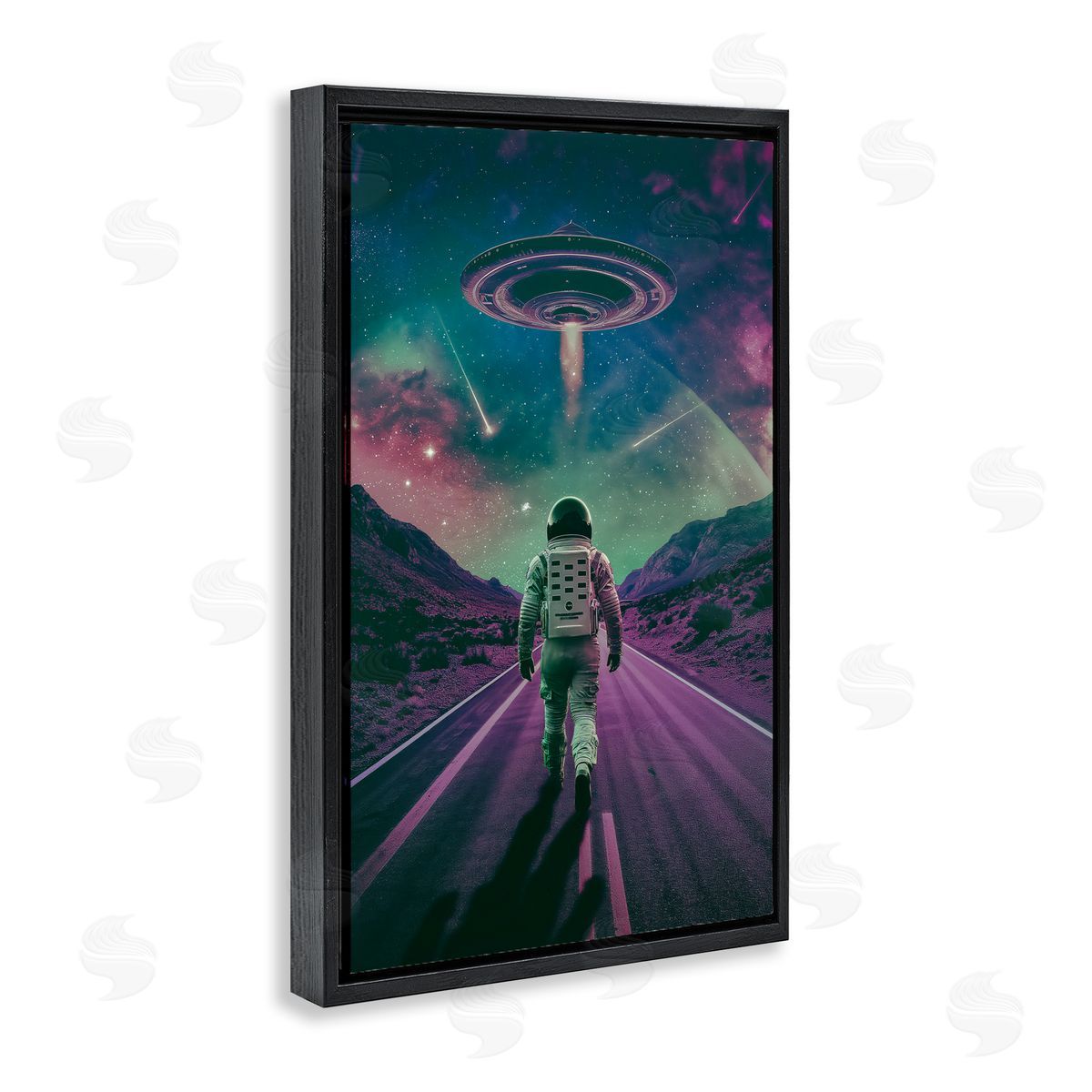 Alien Spaceship over Astronaut Black Floating Frame Canvas Wall Art, Home Decor by Wumples