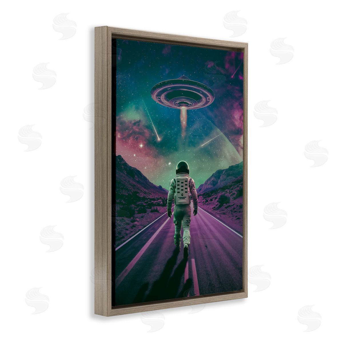 Alien Spaceship over Astronaut Brown Floating Frame Canvas Wall Art, Home Decor by Wumples