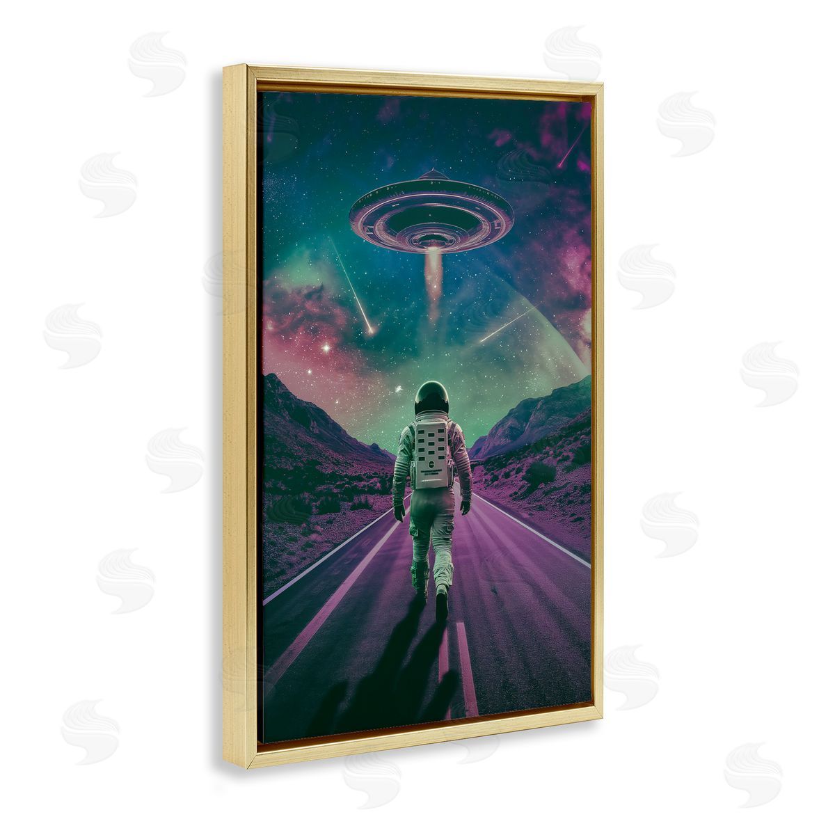 Alien Spaceship over Astronaut Gold Floating Frame Canvas Wall Art, Home Decor by Wumples