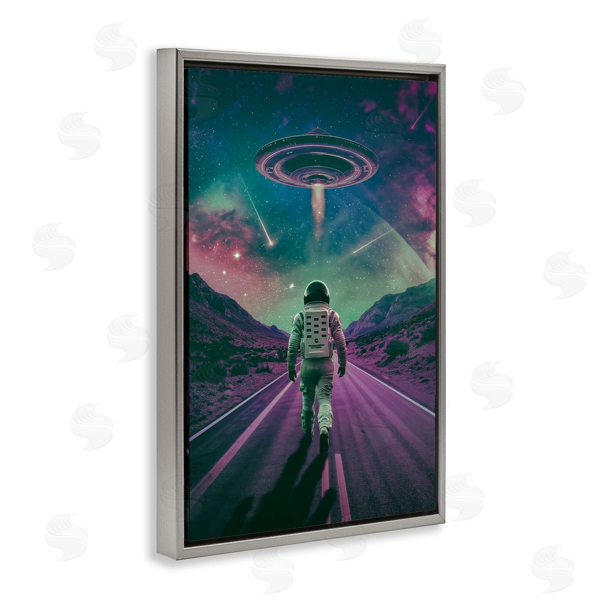 Alien Spaceship over Astronaut Grey Floating Frame Canvas Wall Art, Home Decor by Wumples