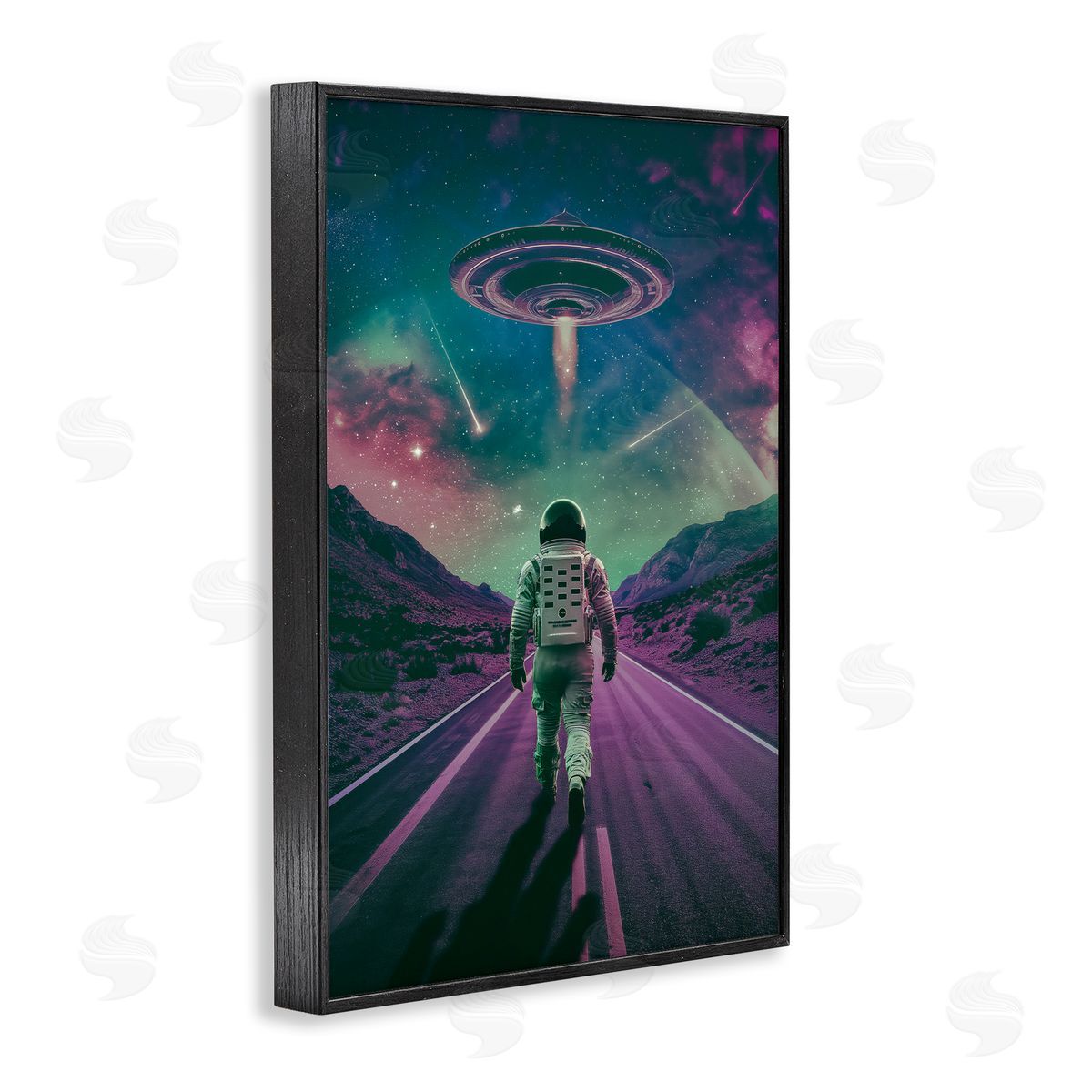 Alien Spaceship over Astronaut Black Frame Print Wall Art, Home Decor by Wumples