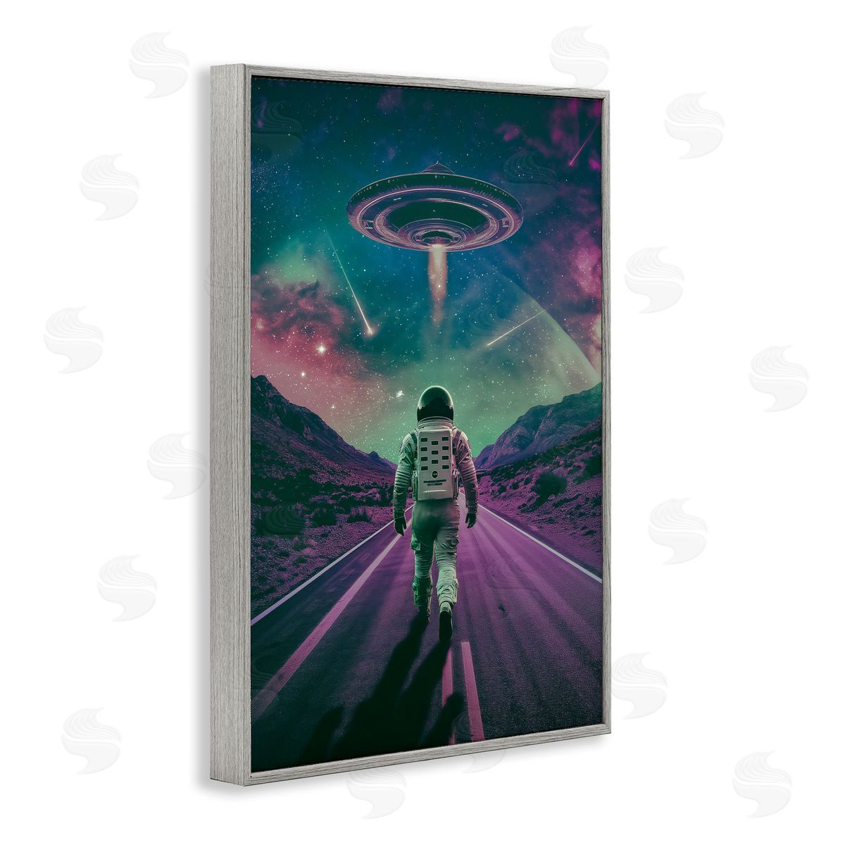 Alien Spaceship over Astronaut Grey Frame Print Wall Art, Home Decor by Wumples
