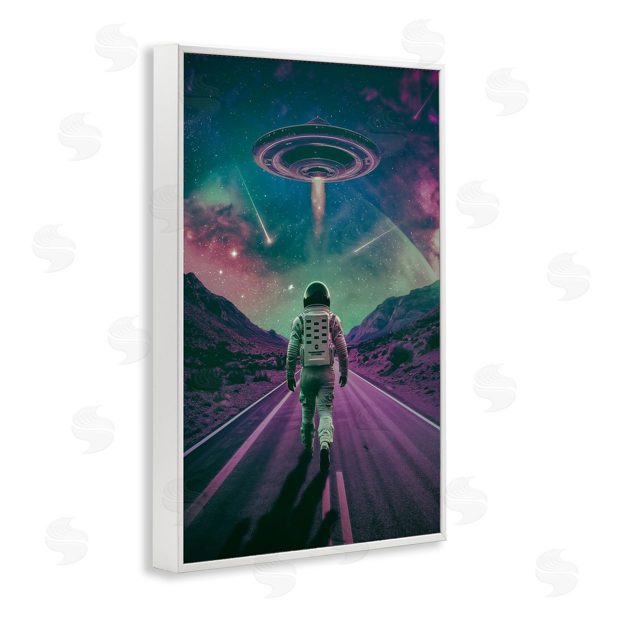 Alien Spaceship over Astronaut White Frame Print Wall Art, Home Decor by Wumples