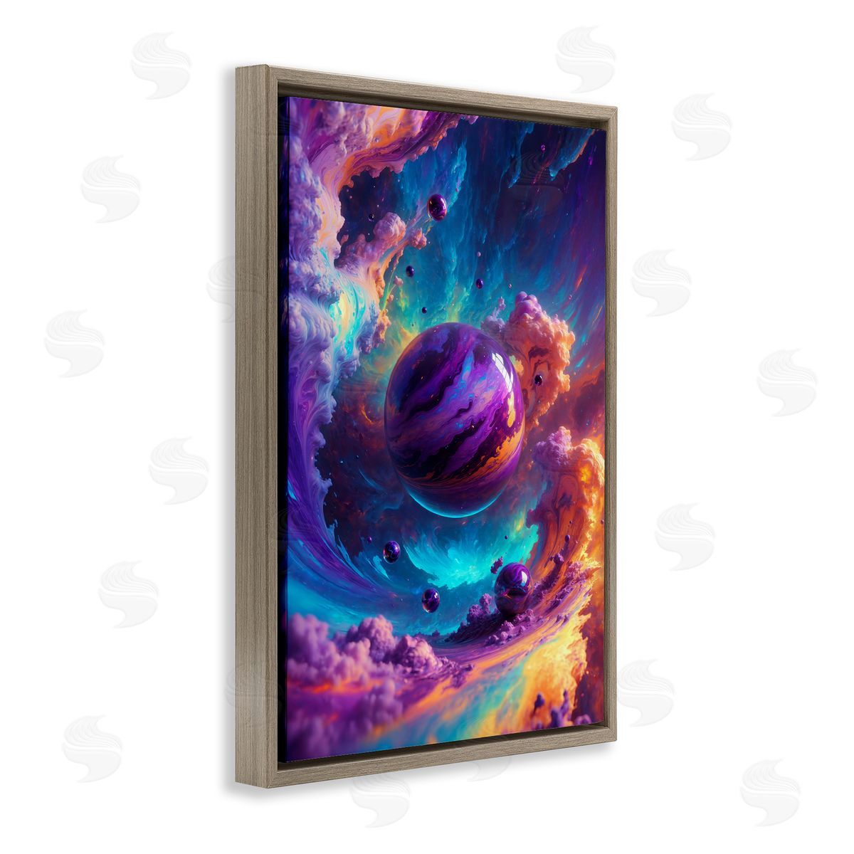 Surreal Planets with Chromatic Clouds Brown Floating Frame Canvas Wall Art, Home Decor by Wumples