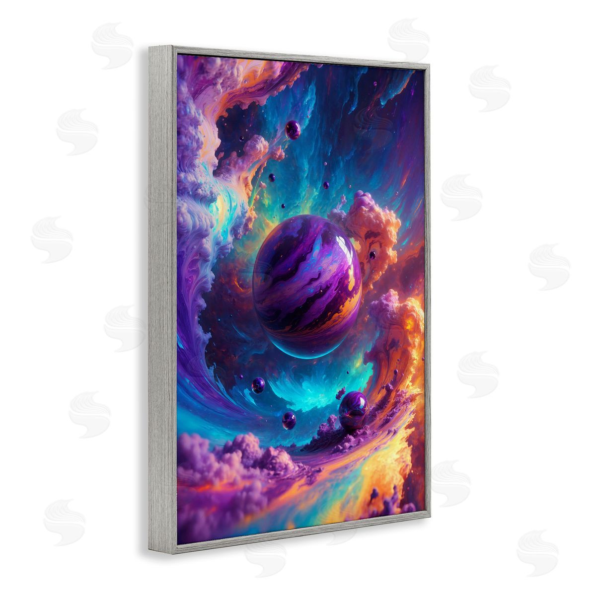 Surreal Planets with Chromatic Clouds Grey Frame Print Wall Art, Home Decor by Wumples