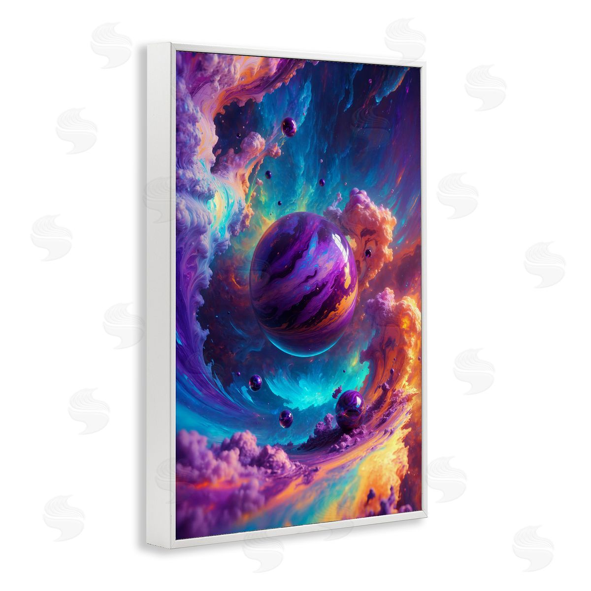 Surreal Planets with Chromatic Clouds White Frame Print Wall Art, Home Decor by Wumples