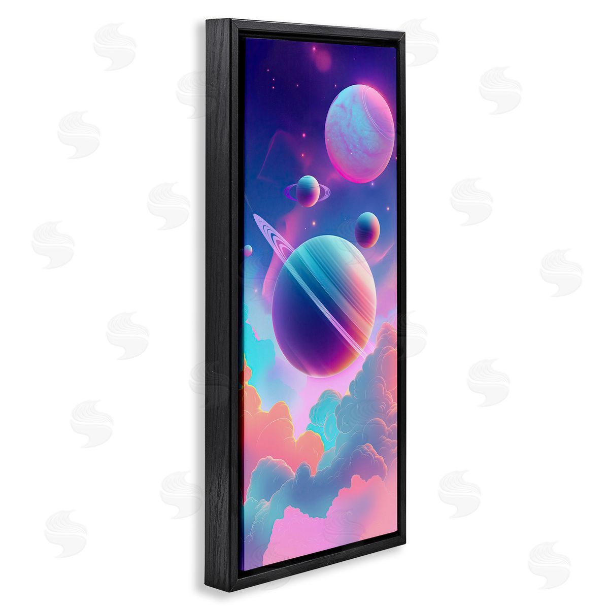 Pastel Clouds with Planets Black Floating Frame Canvas Wall Art, Home Decor by Wumples