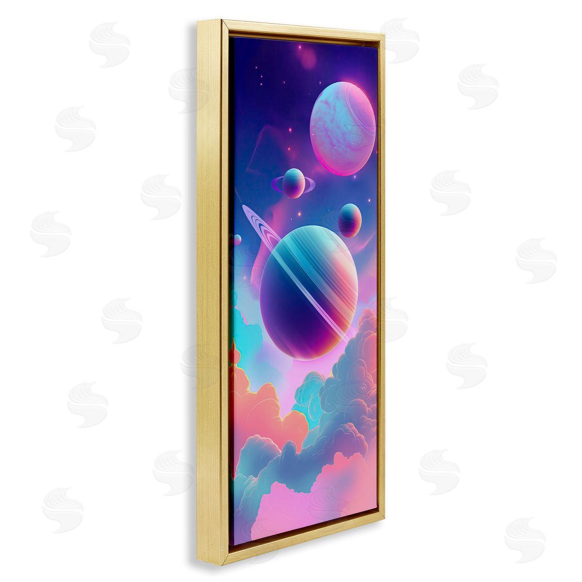 Pastel Clouds with Planets Gold Floating Frame Canvas Wall Art, Home Decor by Wumples