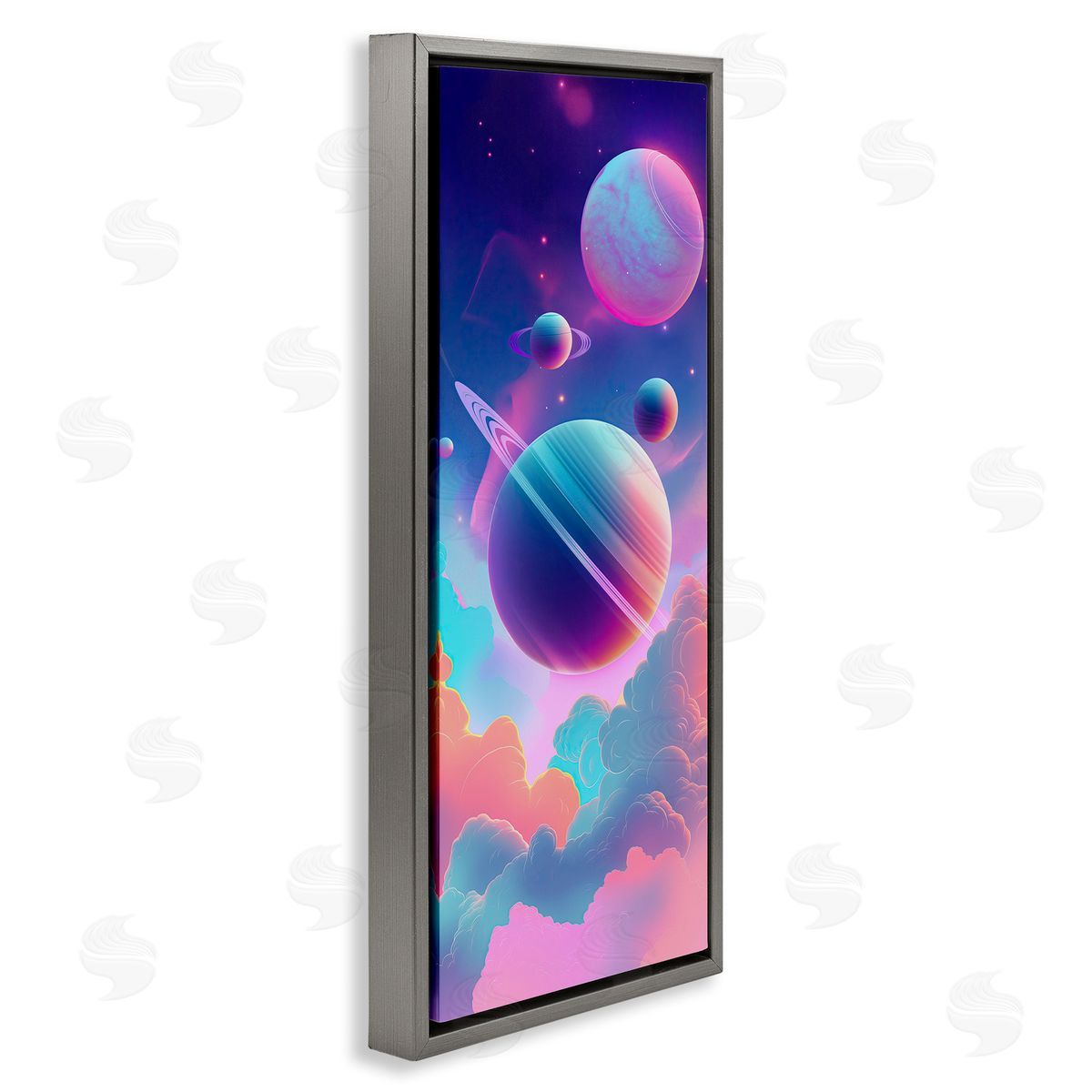 Pastel Clouds with Planets Grey Floating Frame Canvas Wall Art, Home Decor by Wumples