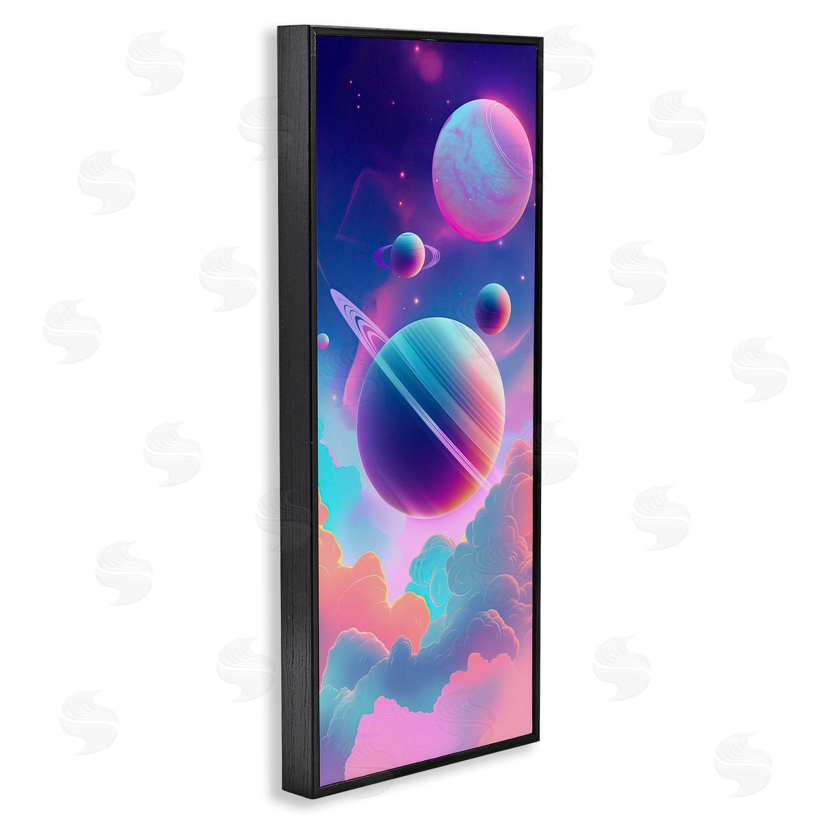 Pastel Clouds with Planets Black Frame Print Wall Art, Home Decor by Wumples
